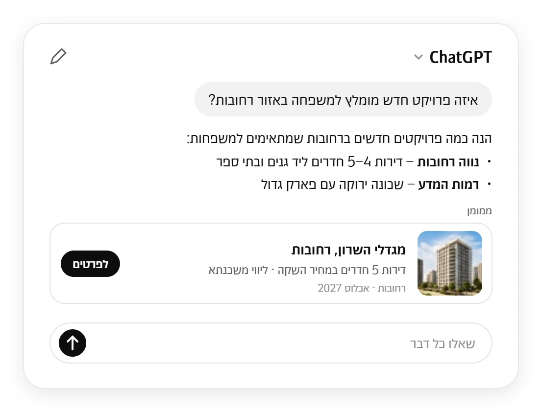 שיחה ב-ChatGPT על פרויקטים חדשים ברחובות, עם מודעה ממומנת של פרויקט נדל"ן